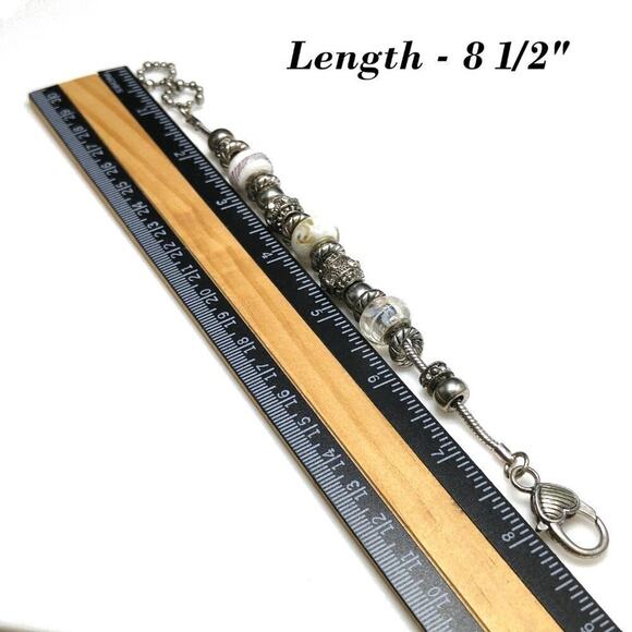 Beaded Silver Tone Rhinestone Snake Chain Bracelet, Heart Clasp, 8 1/2 Inches - Picture 6 of 8